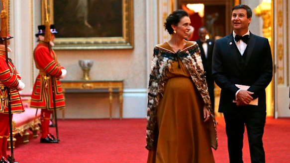 Jacinda Ardern and her partner Clarke Gayford at Buckingham Palace in London for a Commonwealth Heads of Government dinner in April.