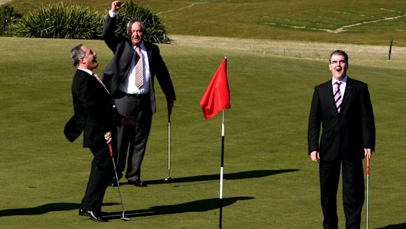 The then premier Morris Iemma, left, announces the securing of the Australian Open Golf  at NSW Golf Course with Chris Gordon, president of NSW Golf Club and Michael Daley, right.