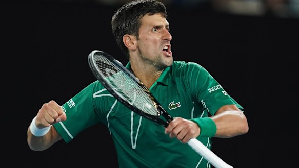 Novak Djokovic celebrates after winning the men's singles semi final against Roger Federer. 