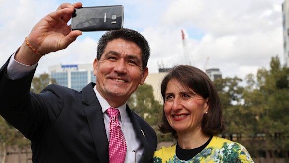 Member for Parramatta, Geoff Lee, takes a selfie with Premier Gladys Berejiklian after confirming the museum's new Parramatta home.
