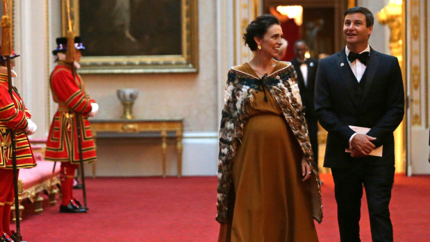 Jacinda Ardern and her partner Clarke Gayford at Buckingham Palace in London for a Commonwealth Heads of Government dinner in April.