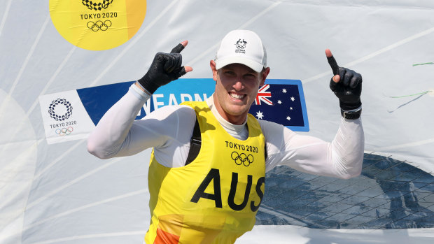 Matt Wearn celebrates his gold medal in the Laser class.