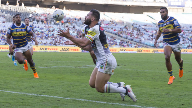 Smart play: Josh Mansour fields James Maloney's canny crossfield kick for an easy score.