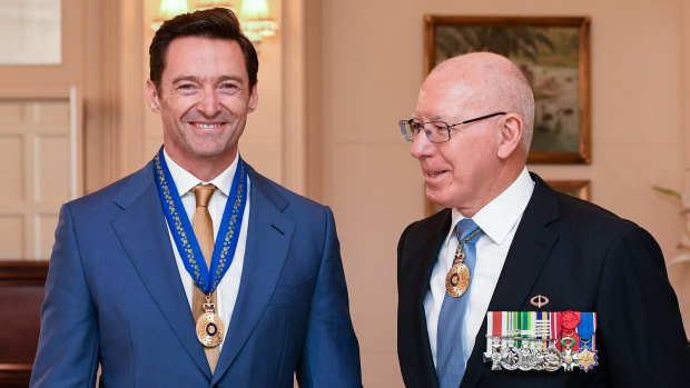 Hugh Jackman is awarded the Order of Australia by Governor-General David Hurley on Friday. 