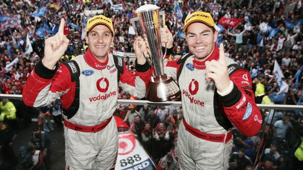 Craig Lowndes and Jamie Whincup celebrate their 2007 Bathurst win.