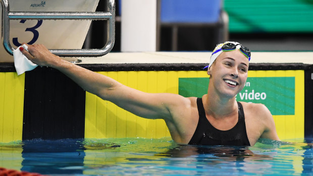 Brianna Throssell reacts to winning the women’s 200 metre butterfly in Adelaide. 