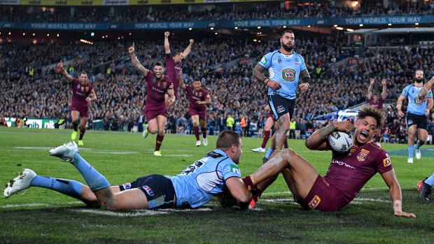 Dane Gagai scores the try that levelled the scores before Thurston's heroics.