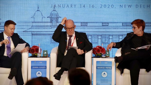 Australian Foreign Minister Marise Payne, right, US Deputy National Security Adviser Matthew Pottinger, left, and Permanent Secretary minister of Defense, Finland, Jukka Justin, centre at  the Raisina Dialogue global conference in New Delhi, India. 