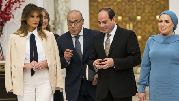 US First Lady Melania Trump meets Egypt's President Abdel-Fattah el-Sissi and his wife Entissar Mohameed Amer at the Presidential Palace in Cairo, Egypt, on October 6.