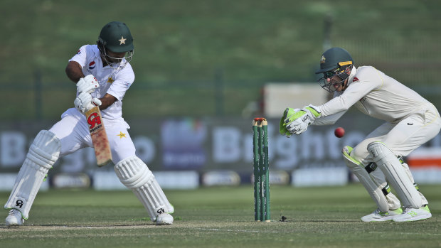 Cutting loose: Pakistan's Fakhar Zaman plays a shot to the offside as Australian captain and wicketkeeper Tim Paine watches on.
