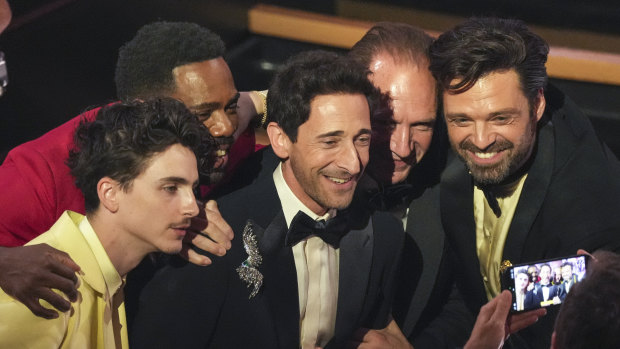 Best actor nominees  (from left) Timothee Chalamet, Colman Domingo, Adrien Brody, Ralph Fiennes and Sebastian Stan during the Oscars.
