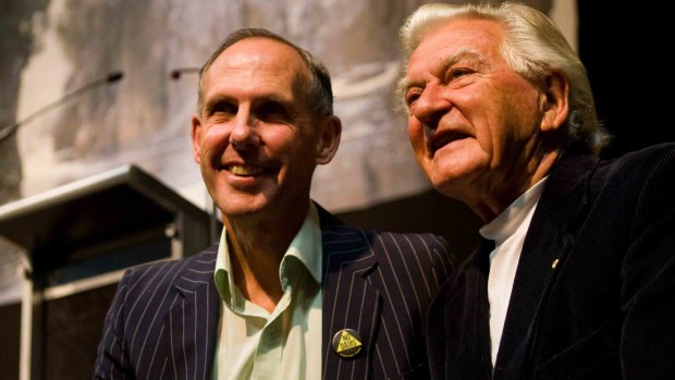 Bob Hawke, right, and Bob Brown at  a celebration in Hobart in 2008 to mark the 25th anniversary of the decision to stop the damming of the Franklin River.