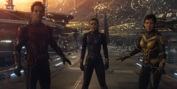 Paul Rudd as Ant-Man, Kathryn Newton as Cassie Lang and Evangeline Lilly as Wasp in Ant-Man and the Wasp: Quantumania.