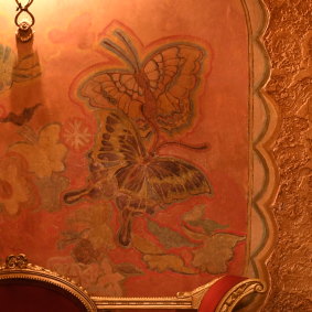 Details of the newly restored panels in the Butterfly Room that were painted over for decades.