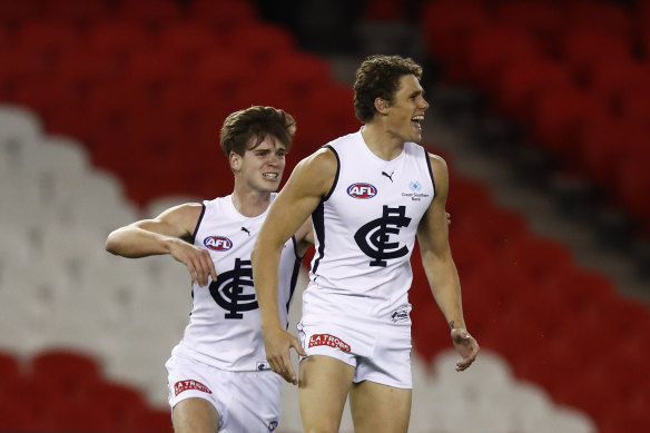 Charlie Curnow is all smiles after booting a goal for the Blues.