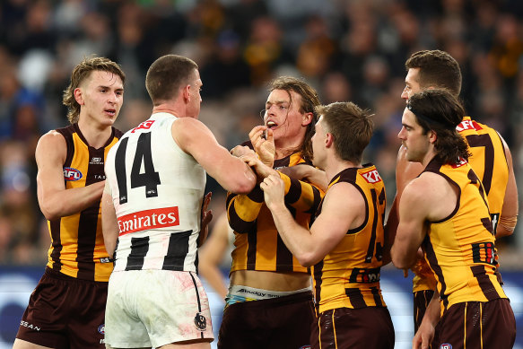 Darcy Cameron of the Magpies and Jack Ginnivan of the Hawks have a disagreement.