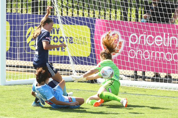 Clean sheet: Victory keeper Gabby Garton saves a shot in the round three derby match against City. 