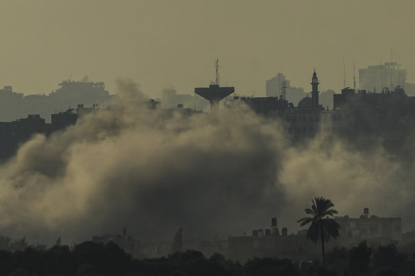 Smoke rises following an Israeli airstrike in the Gaza Strip, as seen from southern Israel.
