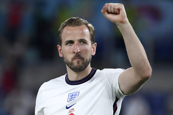 England’s Harry Kane gestures at the end of the Euro 2020 soccer championship quarterfinal match