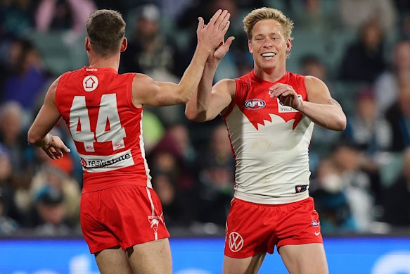 Isaac Heeney celebrates a goal with Jake Lloyd.
