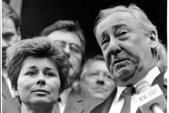 "The court case of High Court Judge, Lionel Murphy ended today with a not guilty verdict. The strain of the past court case is clearly etched upon the faces of both Mrs. Ingrid Murphy and Lionel Murphy as they speak to the Press after the verdict." April 28, 1986. 