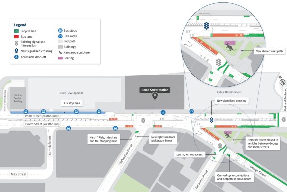 A plan of the proposed changes to Roma, George and Herschel streets in the Brisbane CBD.