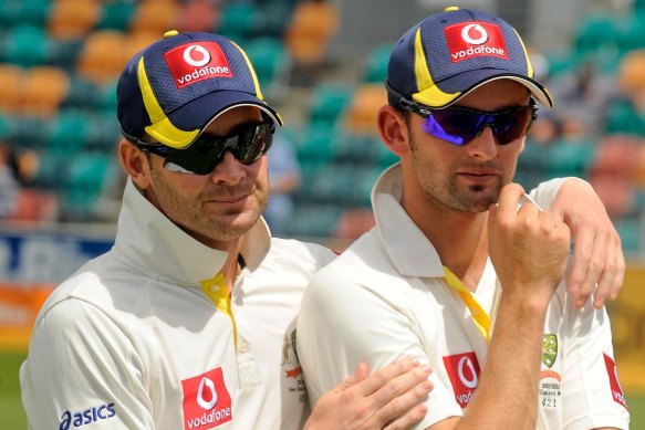 Michael Clarke consoles Nathan Lyon after the 2011 Hobart loss to New Zealand.