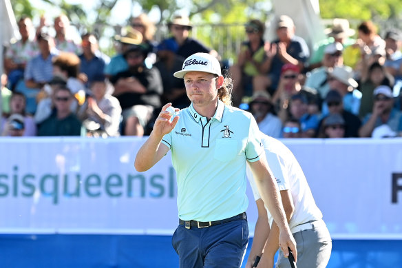 Cameron Smith competes in the Australian PGA in Brisbane on a sunny Saturday ahead of a sopping Sunday.