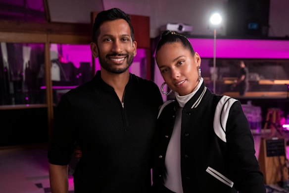 Hrishikesh Hirway and Alicia Keys on the set of Song Exploder’s Netflix spin-off.