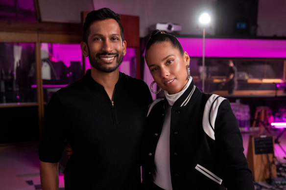 Hrishikesh Hirway and Alicia Keys on the Song Exploder set.