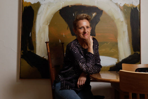Charlotte Wood (in front of painting by Carly Earl): “I’m one of the nappers, usually when my conscious mind is trying to flee a problem on the page.”