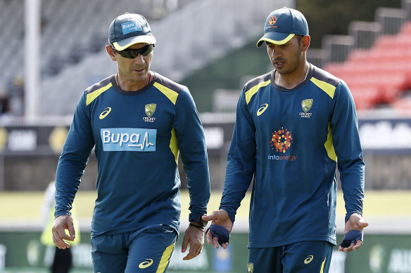 Justin Langer (left) and Usman Khawaja in 2019.