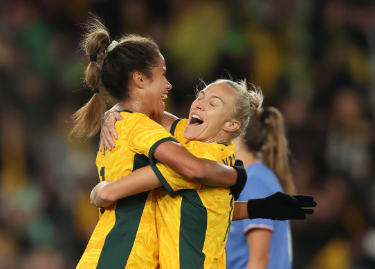 Mary Fowler of the Matildas celebrates scoring a goal with Tameka Yallop of the Matildas.