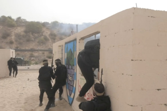 This image from video posted to social media by Hamas on September 12 shows a live-fire exercise dubbed operation “Strong Pillar” outside al-Mawasi, a Palestinian town on the southern coast of the Gaza Strip.