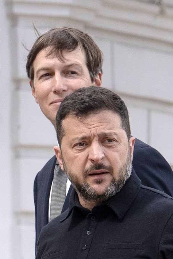 Mixed signals: Volodymyr Zelensky with Trump’s envoy Jared Kushner in Kyiv last month. Trump in 2024 pledged to end the war within 24 hours of his first day back in office.