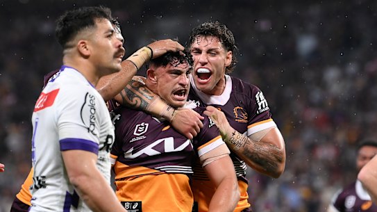 Kotoni Staggs celebrates after opening the scoring on Friday night.