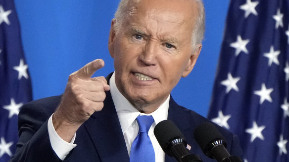 Biden in one of his more animated moments of his hour-long press conference.