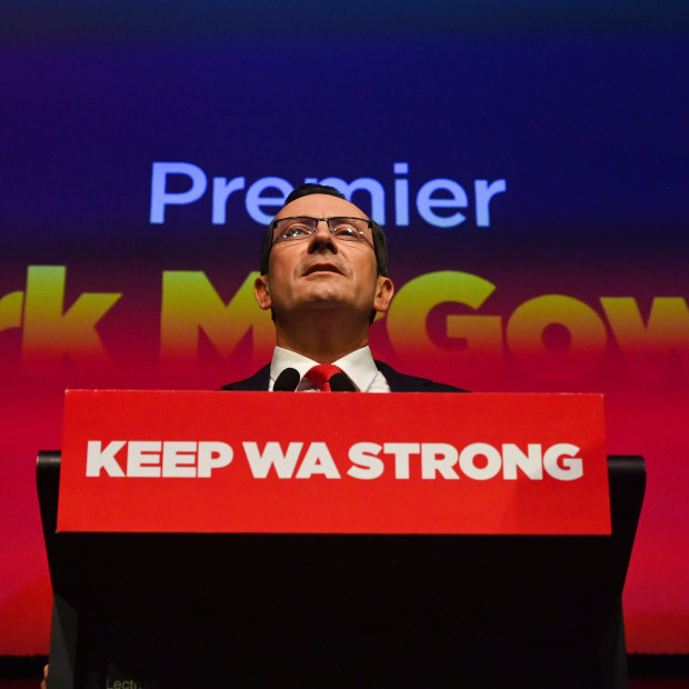 WA Premier Mark McGowan speaking at Labor’s campaign launch at RAC Arena. 