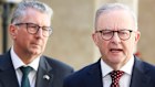 Prime Minister Anthony Albanese (R) and Ambassador Designate to the Holy See Keith Pitt (L) speaking to the media in Rome on Saturday.