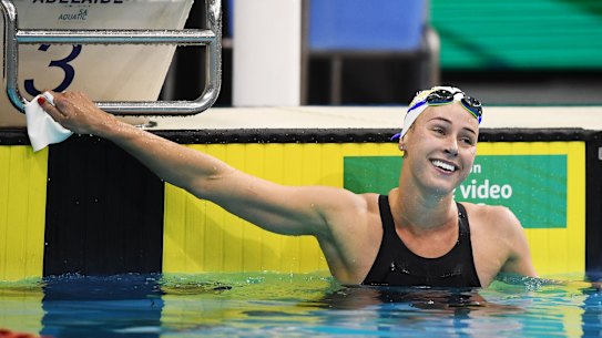 Brianna Throssell reacts to winning the women’s 200 metre butterfly in Adelaide. 