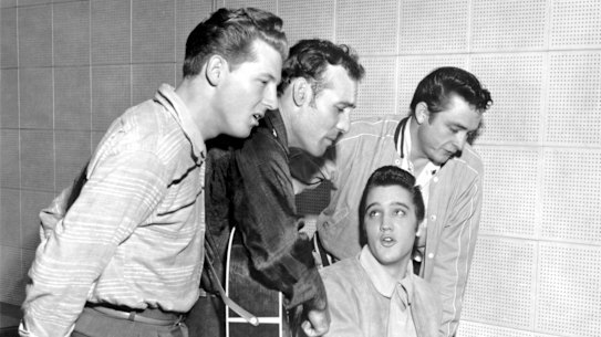 Rock and roll musicians Jerry Lee Lewis, Carl Perkins, Elvis Presley and Johnny Cash as “The Million Dollar Quartet” December 4, 1956 in Memphis, Tennessee.
