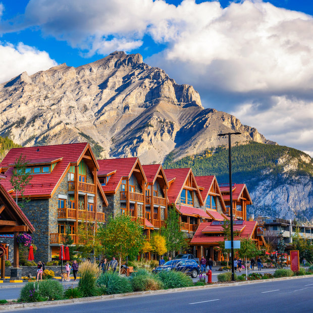 Vibrant chalet-style buildings along Banff Avenue.