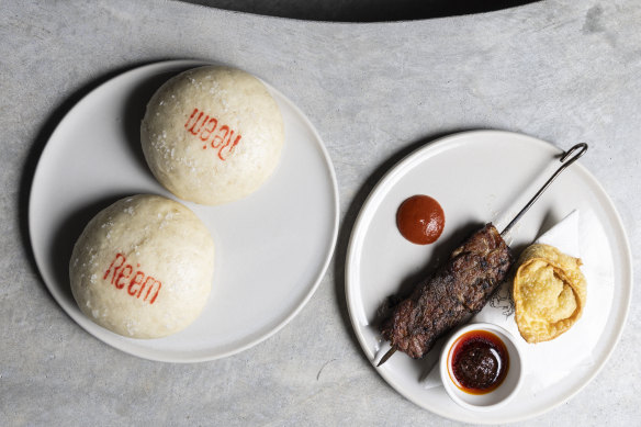 Snacks to start: Mantou buns (left), cumin-glazed lamb belly skewer and tofu-filled fried wonton with crispy chilli oil.