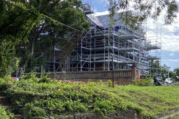 Builder’s scaffolding covers the 120 -year-old heritage-listed Home saved from demolition in 2020-21 and set to be restored in 2022.  