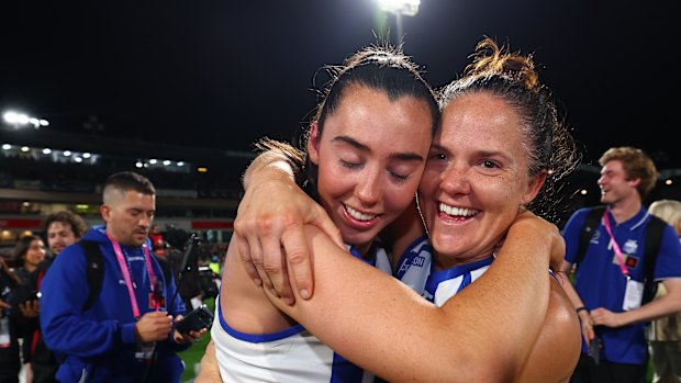 Blaithin Bogue and Emma Kearney celebrate their side’s thumping win.