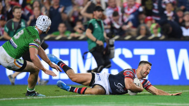 Killer blow: James Tedesco goes over for the premiership-winning try.