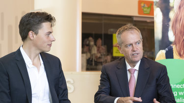 Labor's candidate for Melbourne Luke Creasey (left) and Opposition Leader Bill Shorten during a visit to the Royal Children's Hospital last month.