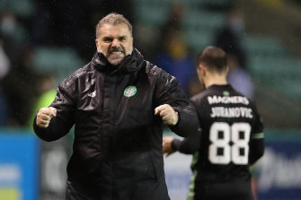 Ange Postecoglou lets his feelings show after Celtic’s Scottish Premiership match against Hibernian last month.