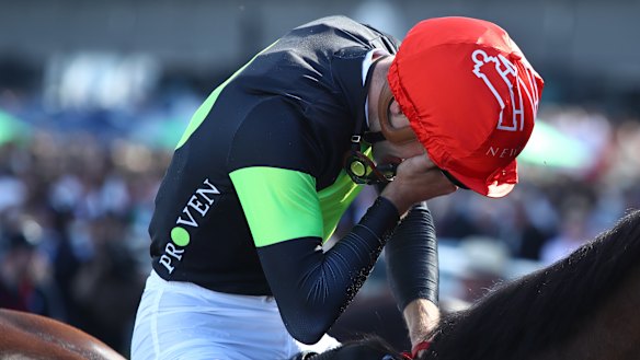 An emotional Sam Clipperton returns to the enclosure on Think About It after the 2023 win in The Everest.