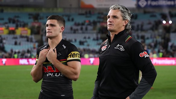 Nathan Cleary with his father Ivan after last year’s grand final loss to Melbourne.